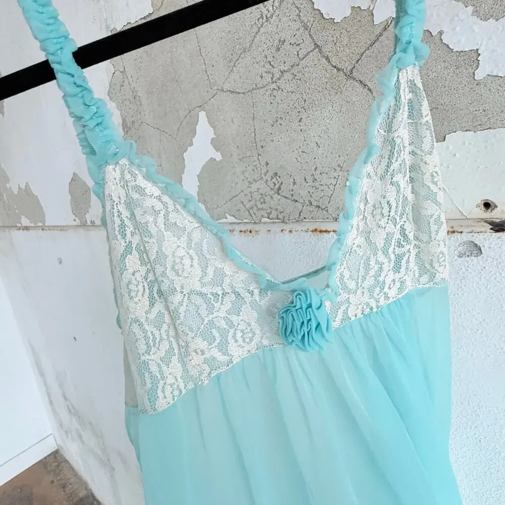 Vtg 60s Babydoll Nightgown Maxi Slip Dress Sheer Aqua‎ Chiffon Lettuce Hem Fairy - Picture 7 of 7